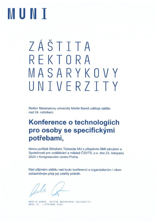 Dekret o udělení záštity rektora Masarykovy univerzity